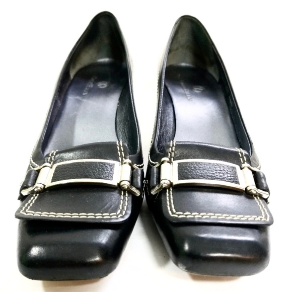 COLE HAAN Black Leather Square Toe Kitten Heels Silver Buckle Pump - Picture 3 of 8